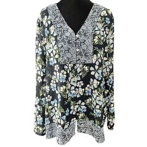 Women's J.Jill Black Floral Blouse with Lace Trim L